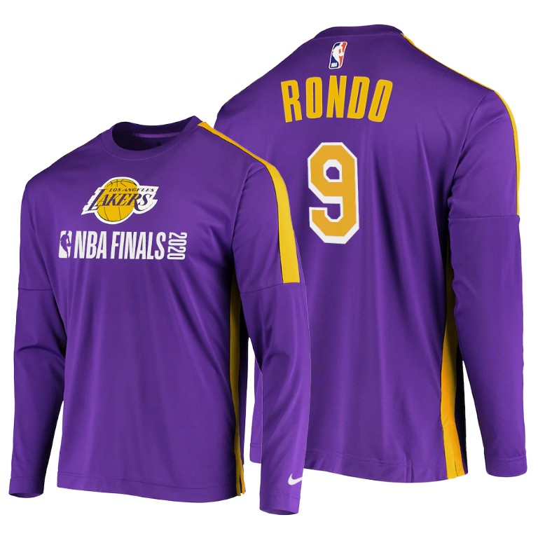 Men's Los Angeles Lakers Rajon Rondo #9 NBA Long Sleeve 2020 Finals Shooting Playoffs Purple Basketball T-Shirt RXT7783PS